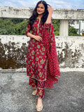 Maroon Printed Silk Blend Straight Kurta With Palazzos & Dupatta