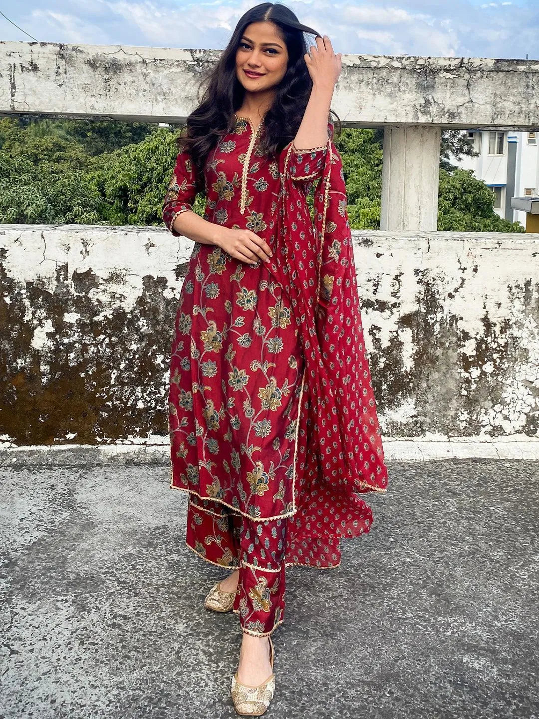 Maroon Printed Silk Blend Straight Kurta With Palazzos & Dupatta