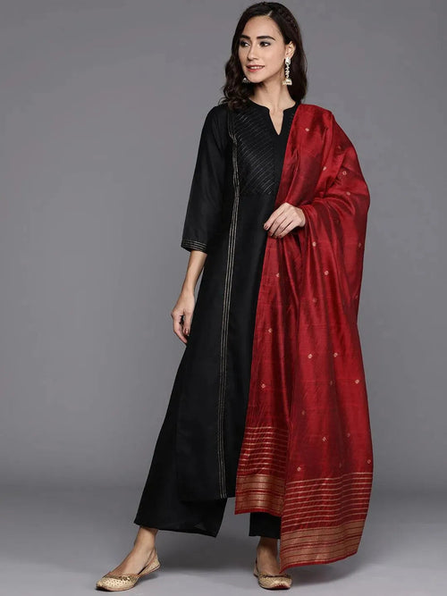 Black Solid Cotton Straight Kurta With Palazzos & Dupatta