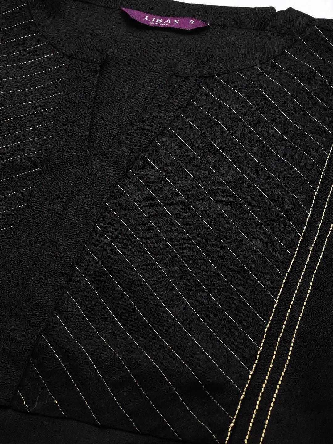 Black Solid Cotton Straight Kurta With Palazzos & Dupatta
