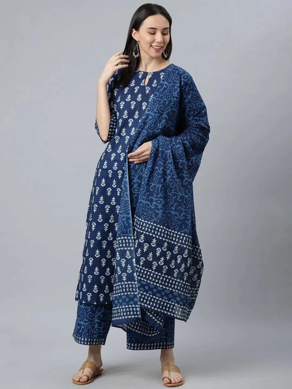 Blue Printed Cotton Straight Kurta With Palazzos & Dupatta