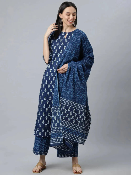 Blue Printed Cotton Straight Kurta With Palazzos & Dupatta