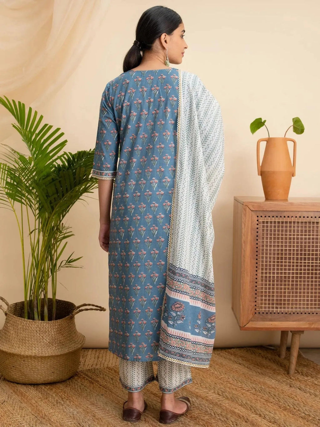 Blue Printed Cotton Straight Kurta With Palazzos & Dupatta