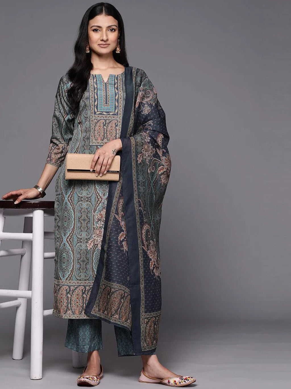 Blue Printed Crepe Straight Kurta With Trousers & Dupatta