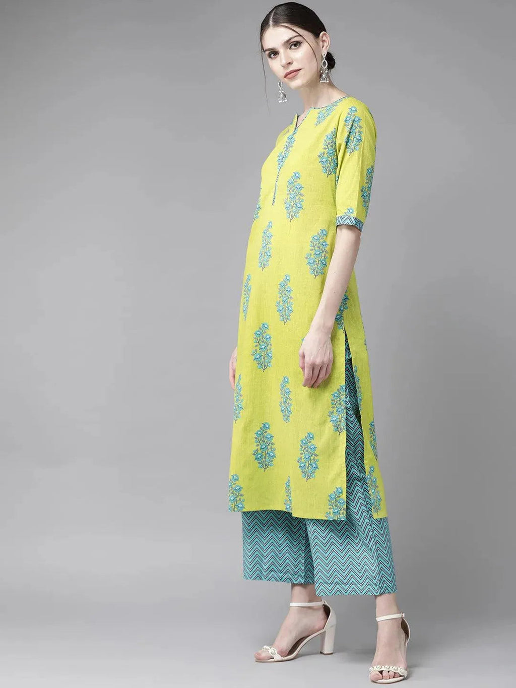 Green Printed Cotton Straight Kurta With Palazzos & Dupatta