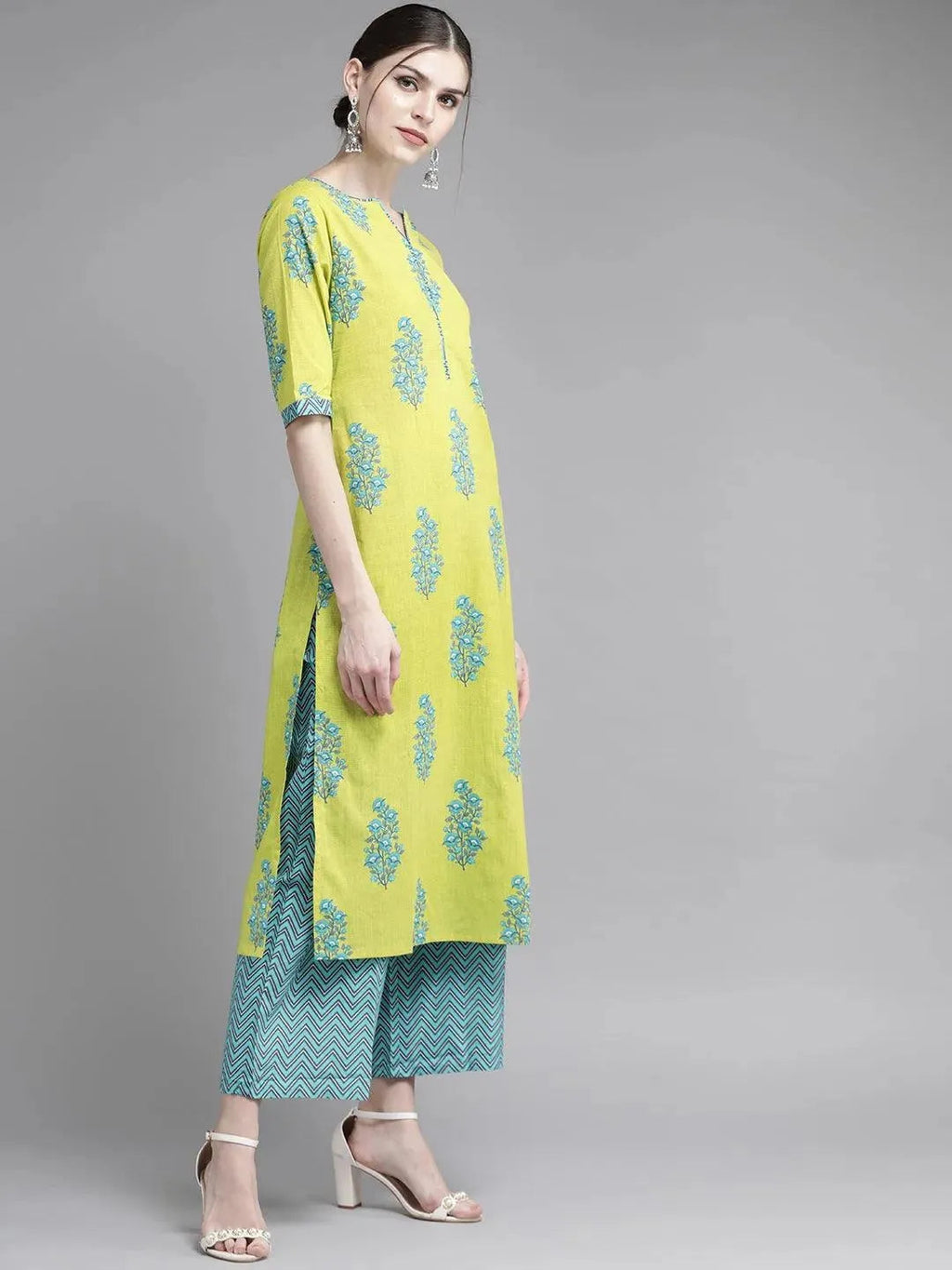 Green Printed Cotton Straight Kurta With Palazzos & Dupatta