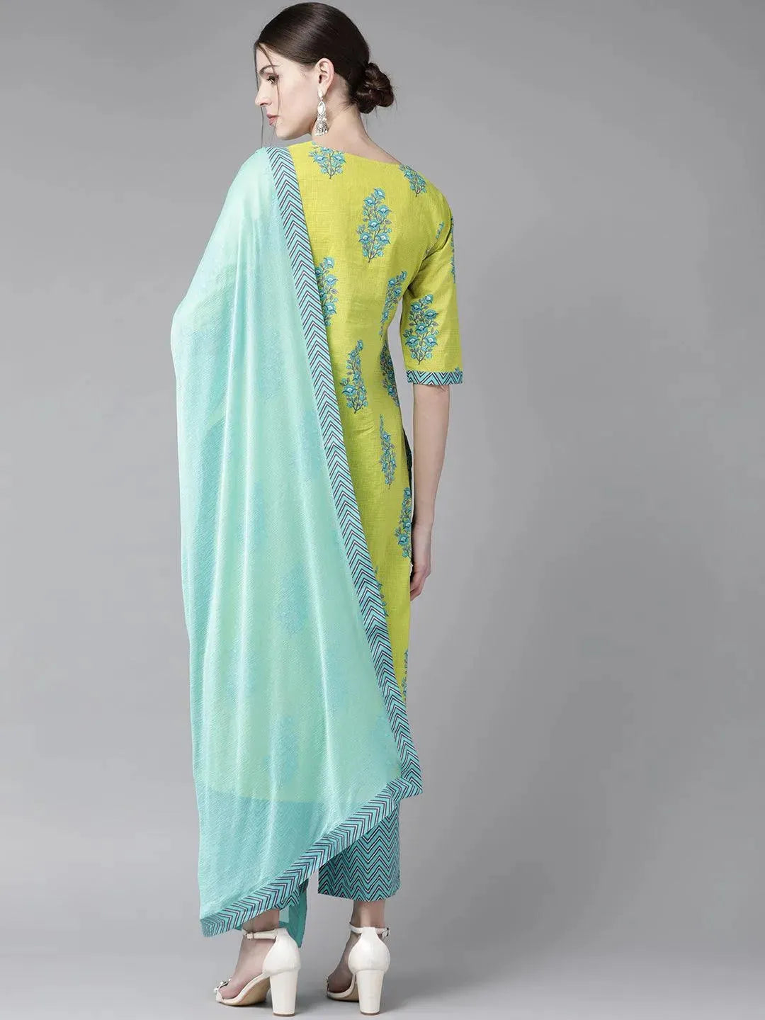 Green Printed Cotton Straight Kurta With Palazzos & Dupatta