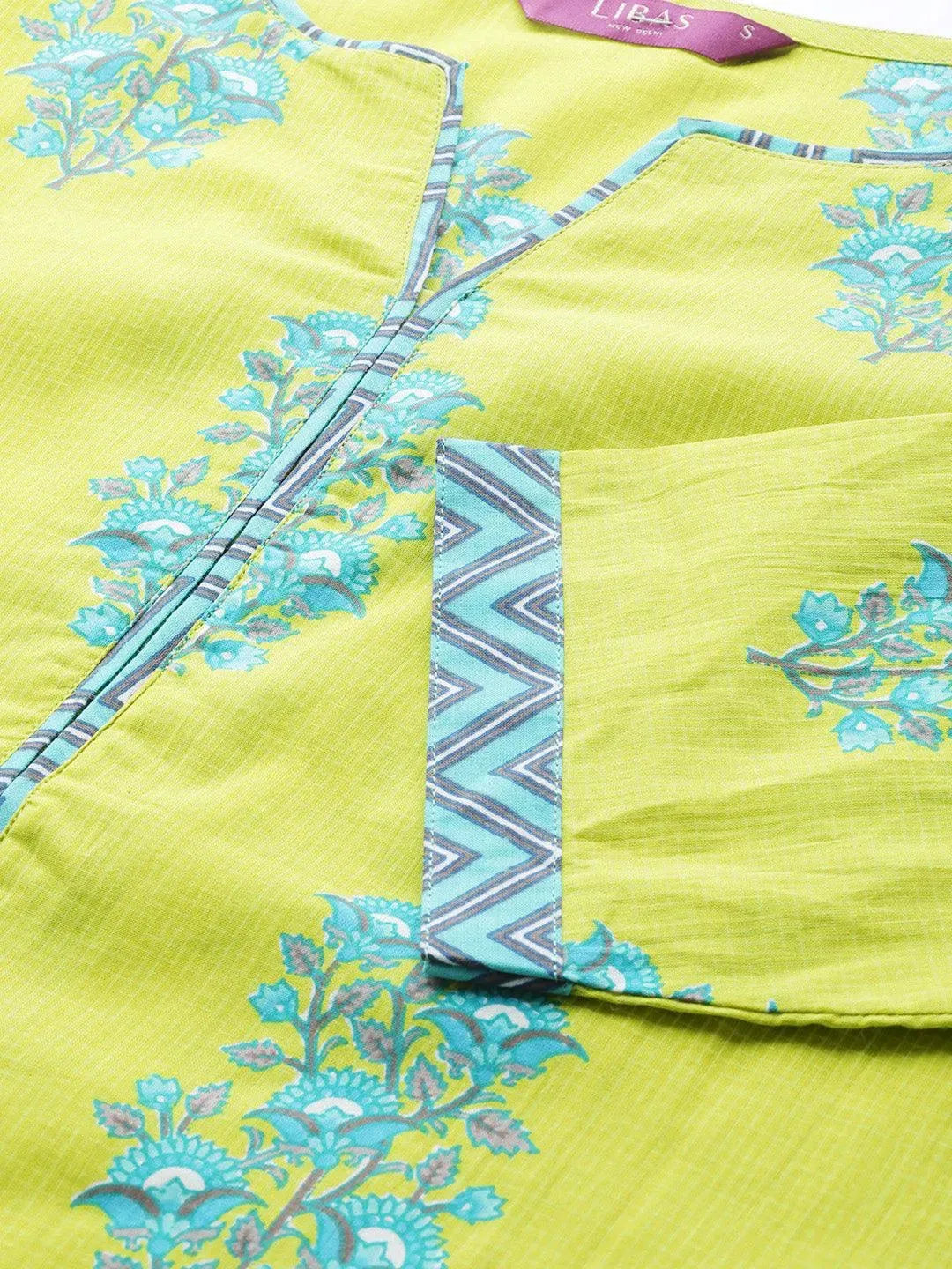 Green Printed Cotton Straight Kurta With Palazzos & Dupatta