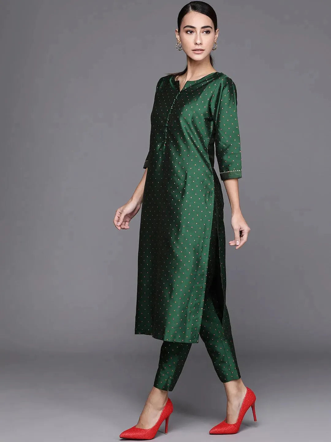 Green Self Design Art Silk Straight Kurta With Dupatta