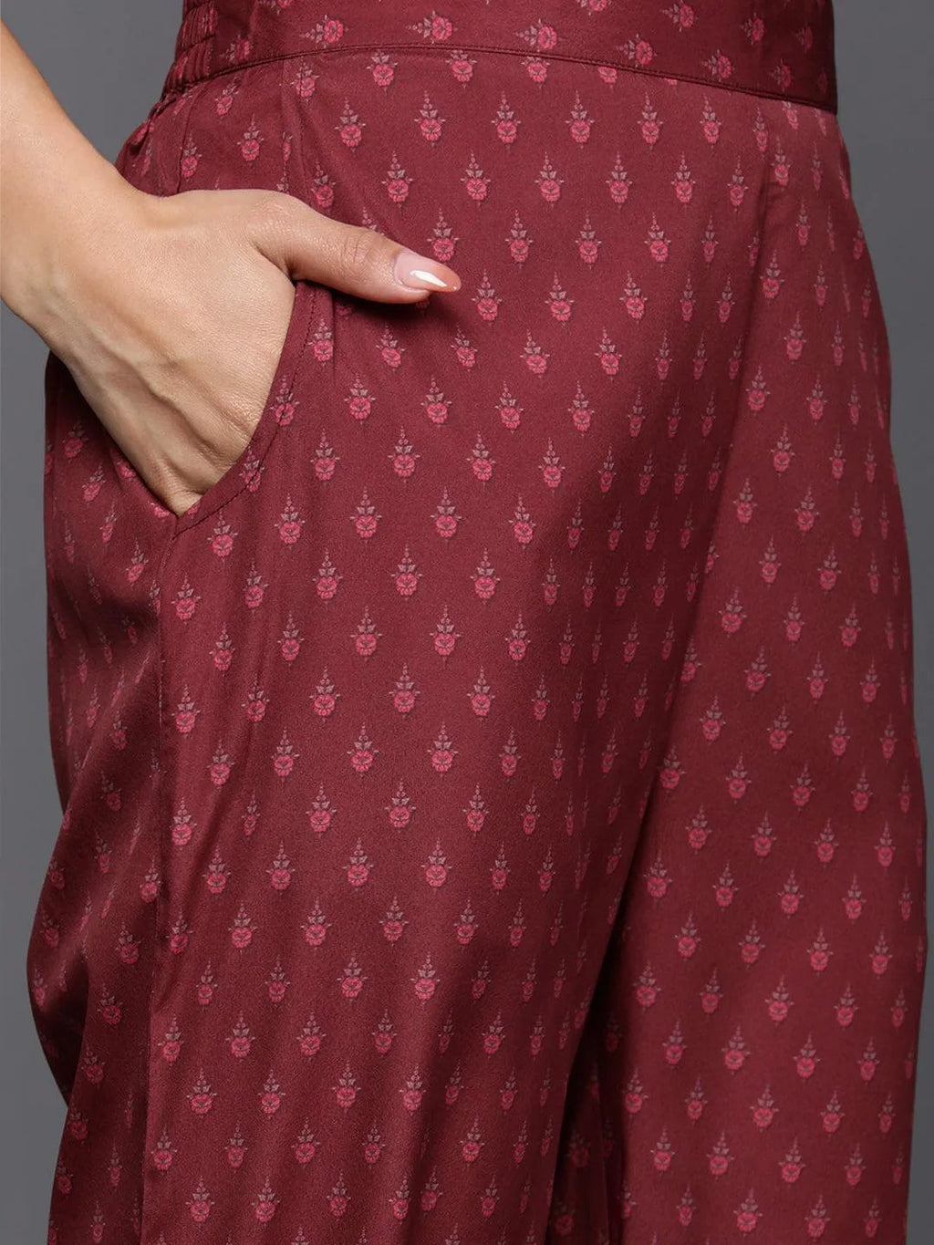 Maroon Printed Crepe Straight Kurta With Trousers & Dupatta