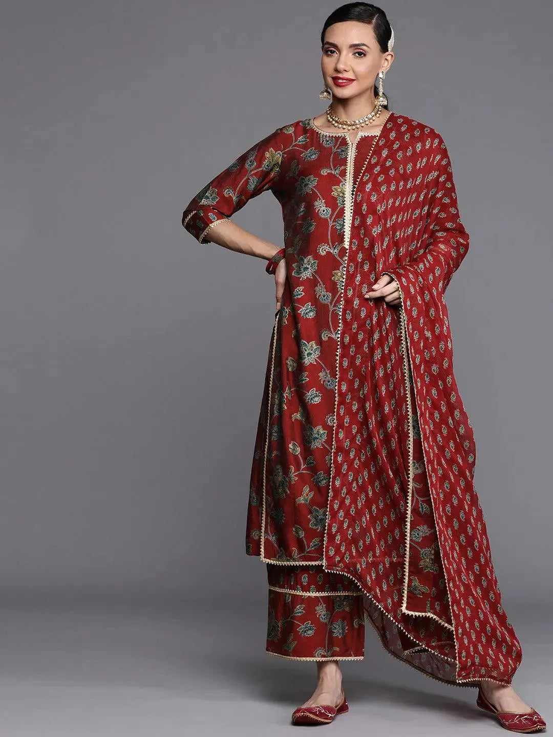 Maroon Printed Silk Blend Straight Kurta With Palazzos & Dupatta