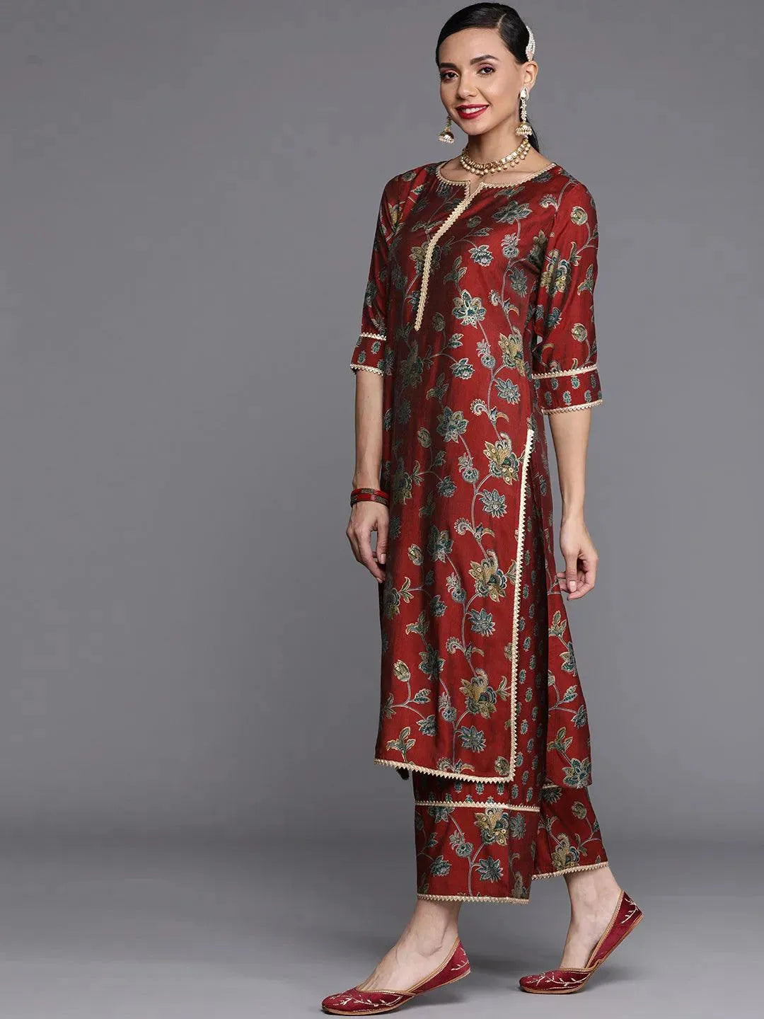 Maroon Printed Silk Blend Straight Kurta With Palazzos & Dupatta