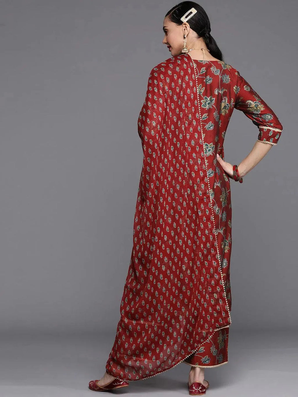 Maroon Printed Silk Blend Straight Kurta With Palazzos & Dupatta