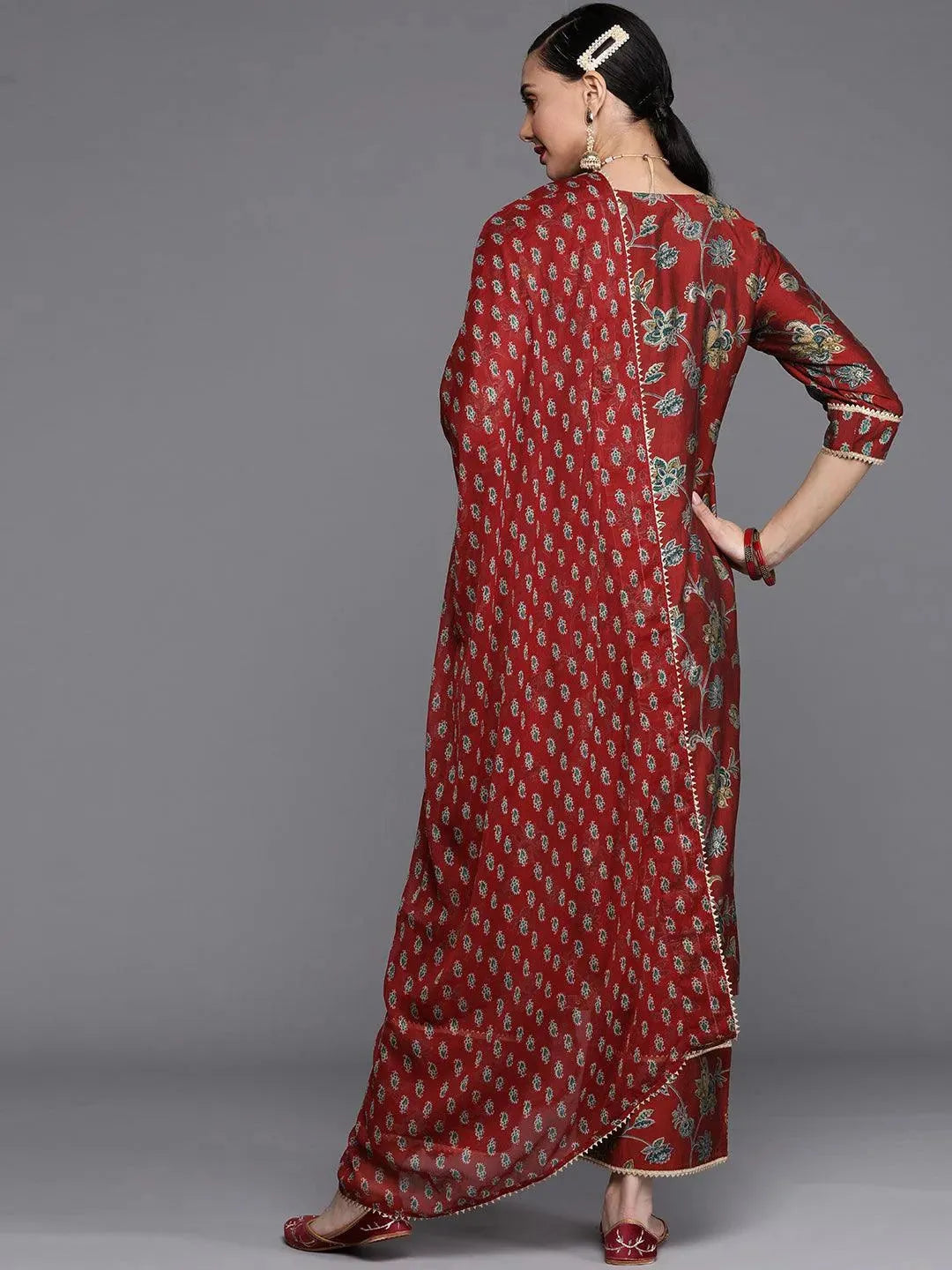 Maroon Printed Silk Blend Straight Kurta With Palazzos & Dupatta