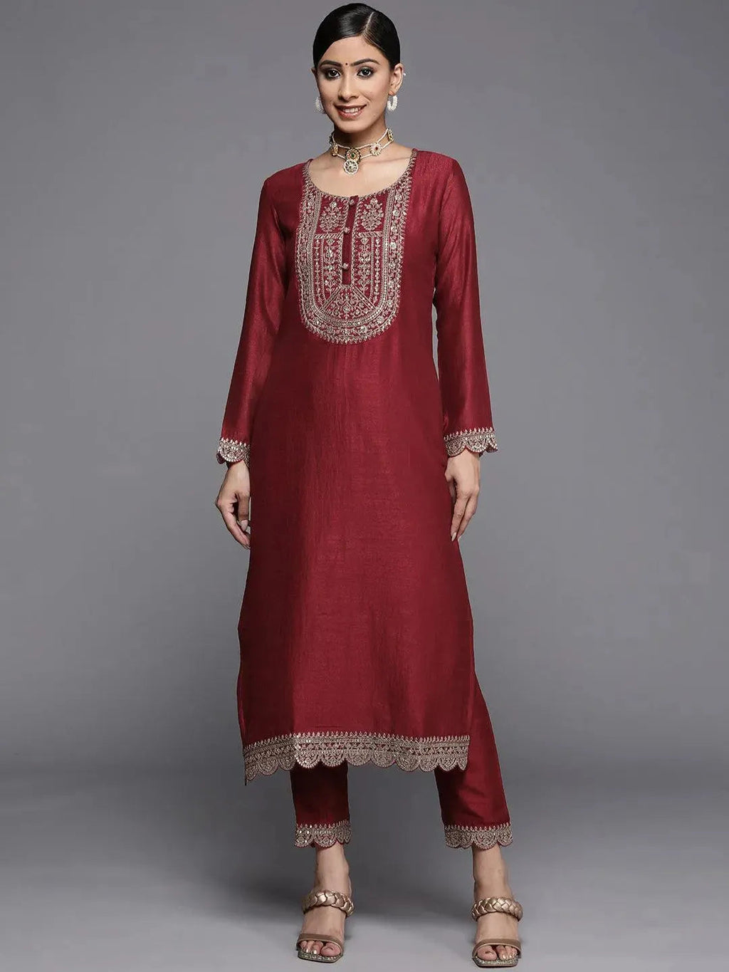 Maroon Yoke Design Silk Kurta