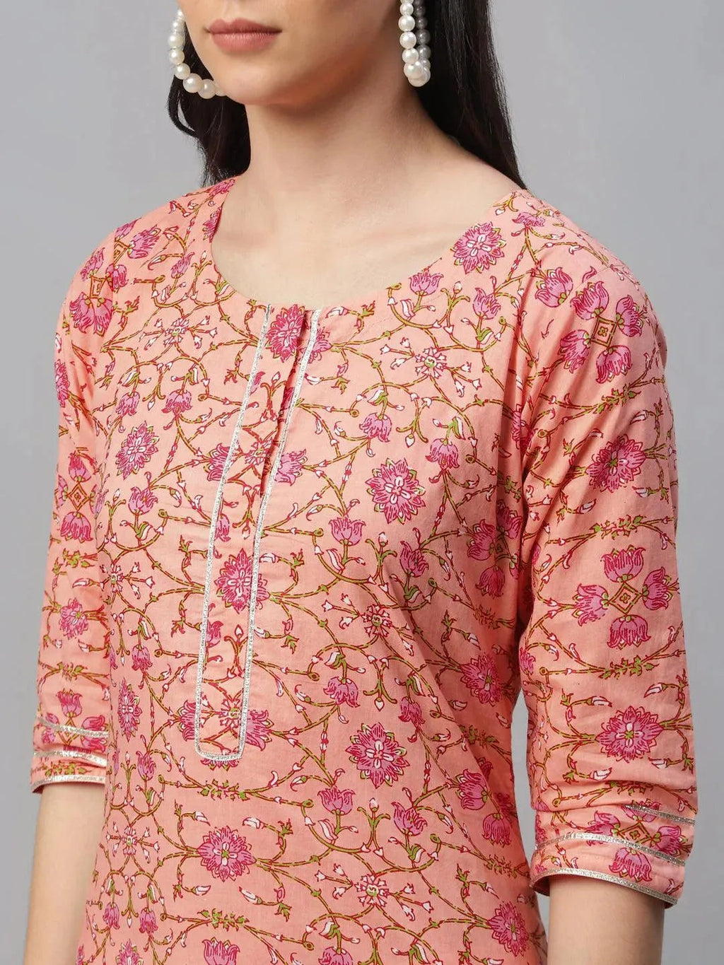 Peach Printed Cotton Kurta