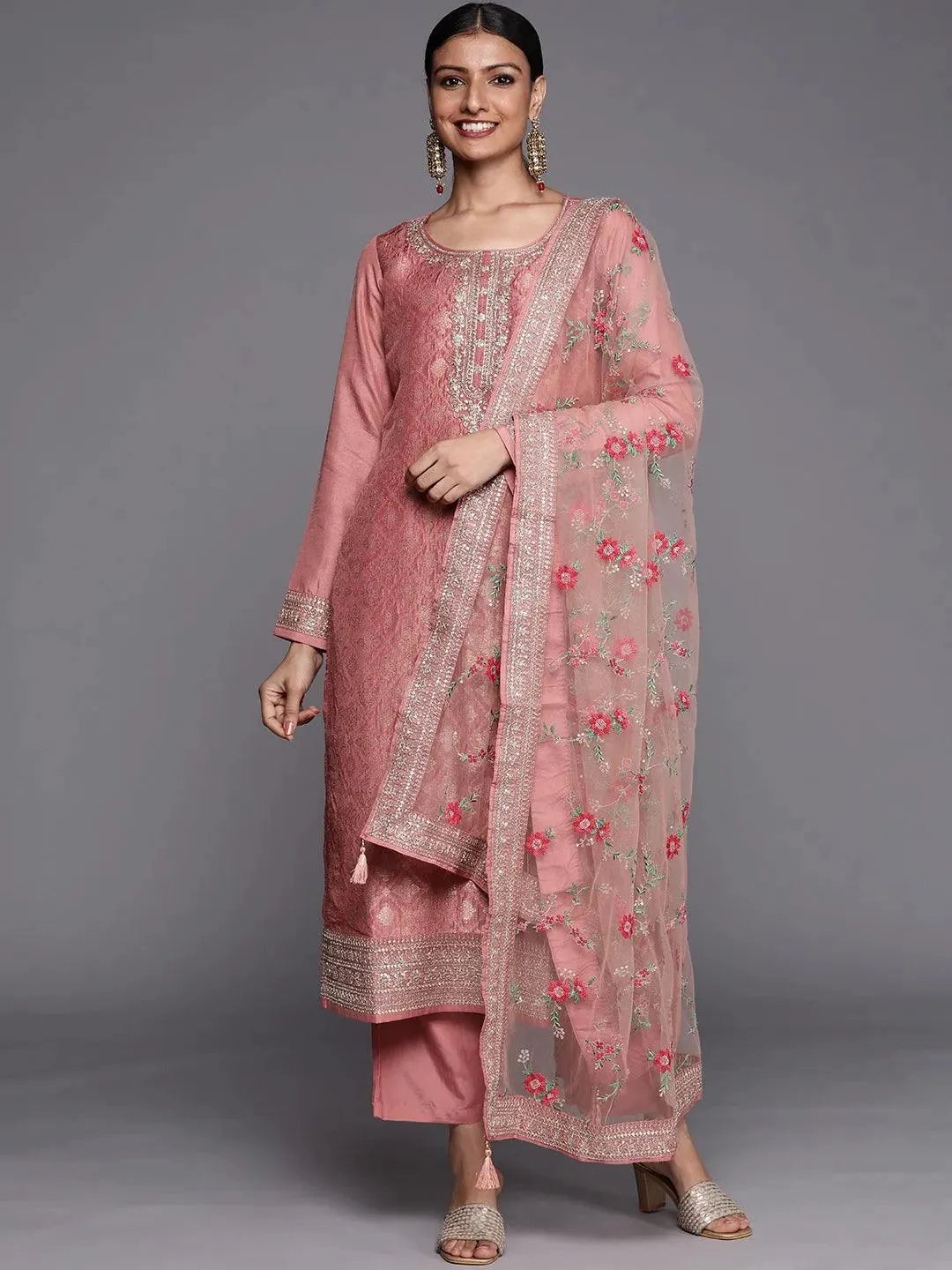 Peach Self Design Silk Blend Straight Kurta With Dupatta