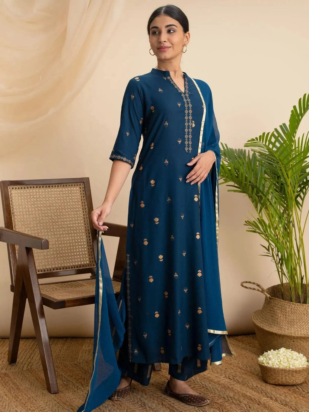 Teal Printed Rayon Straight Kurta With Palazzos & Dupatta