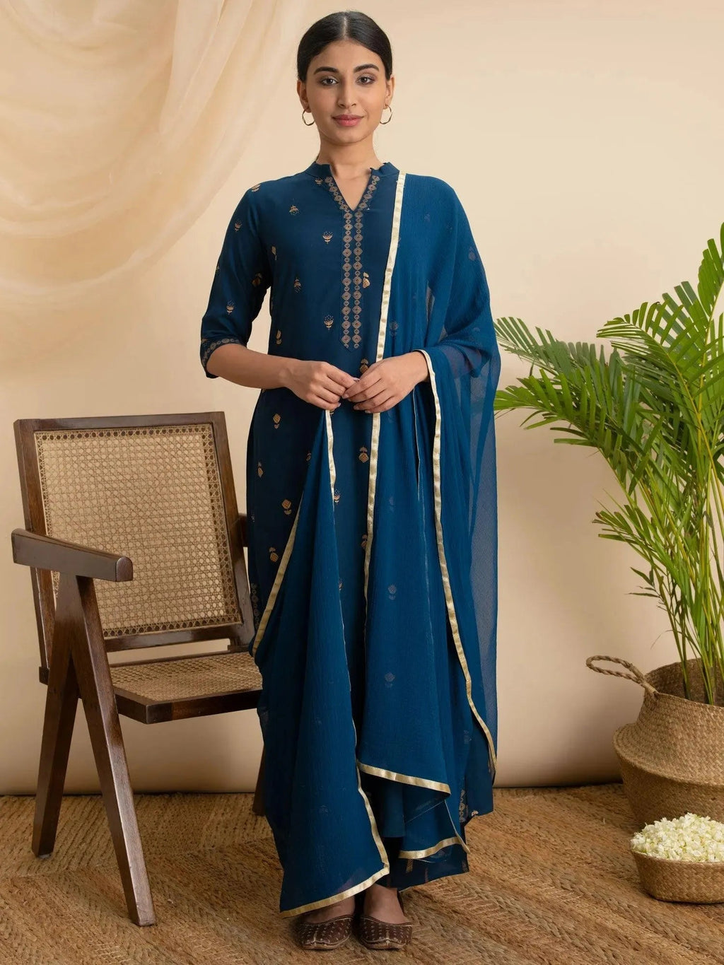Teal Printed Rayon Straight Kurta With Palazzos & Dupatta