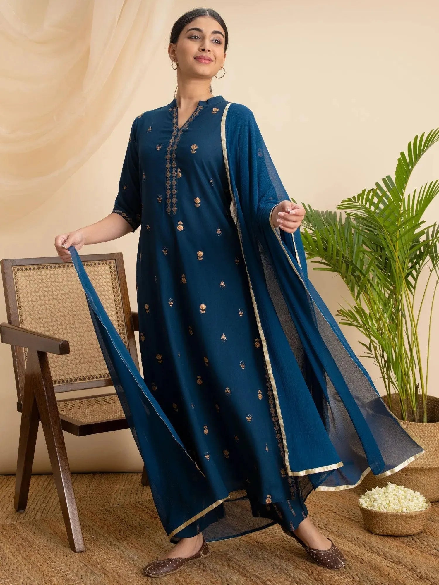Teal Printed Rayon Straight Kurta With Palazzos & Dupatta