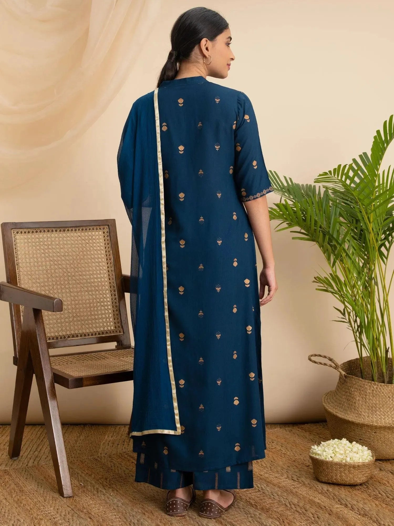 Teal Printed Rayon Straight Kurta With Palazzos & Dupatta