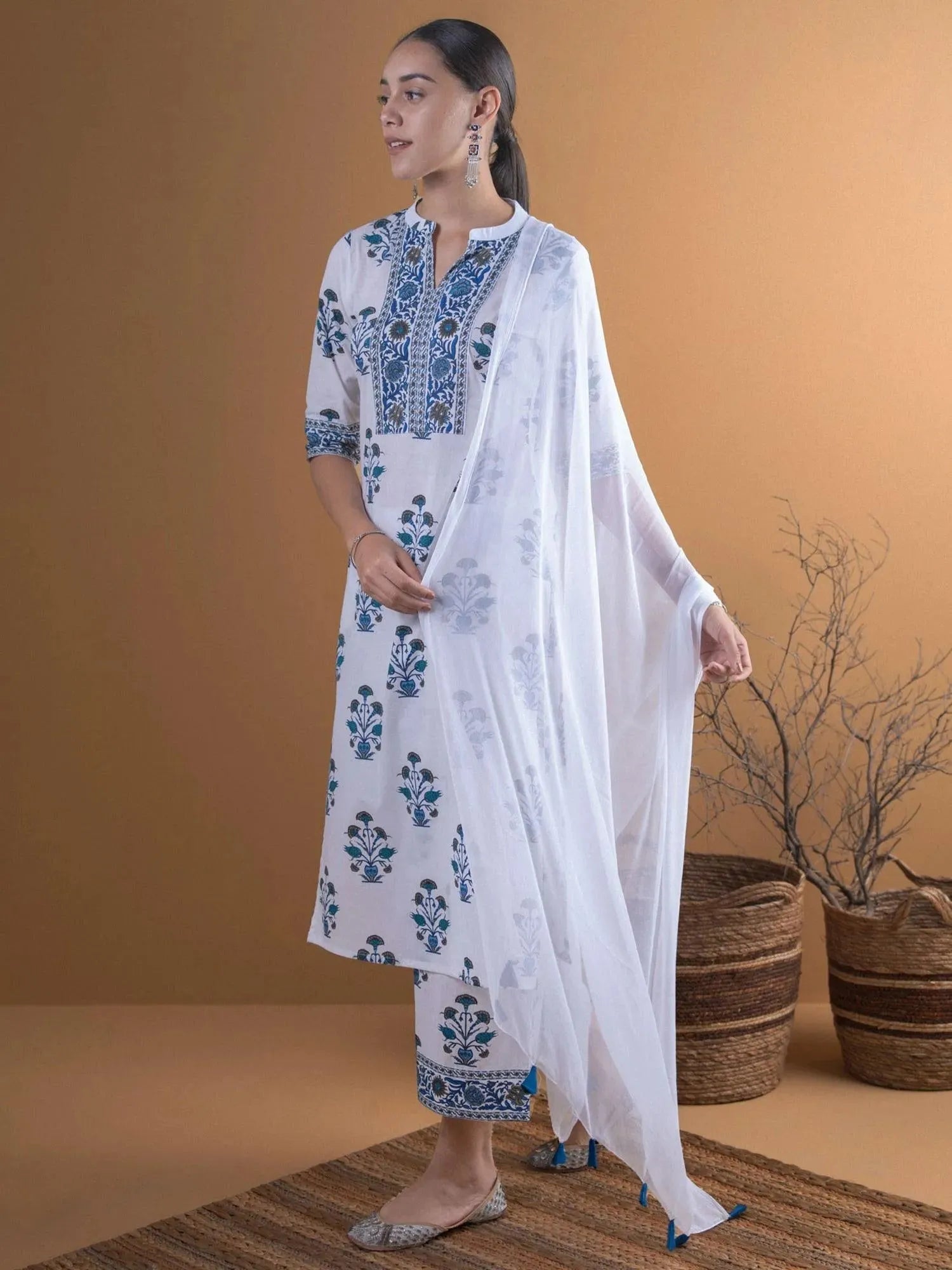 White Printed Cotton Straight Kurta With Palazzos & Dupatta