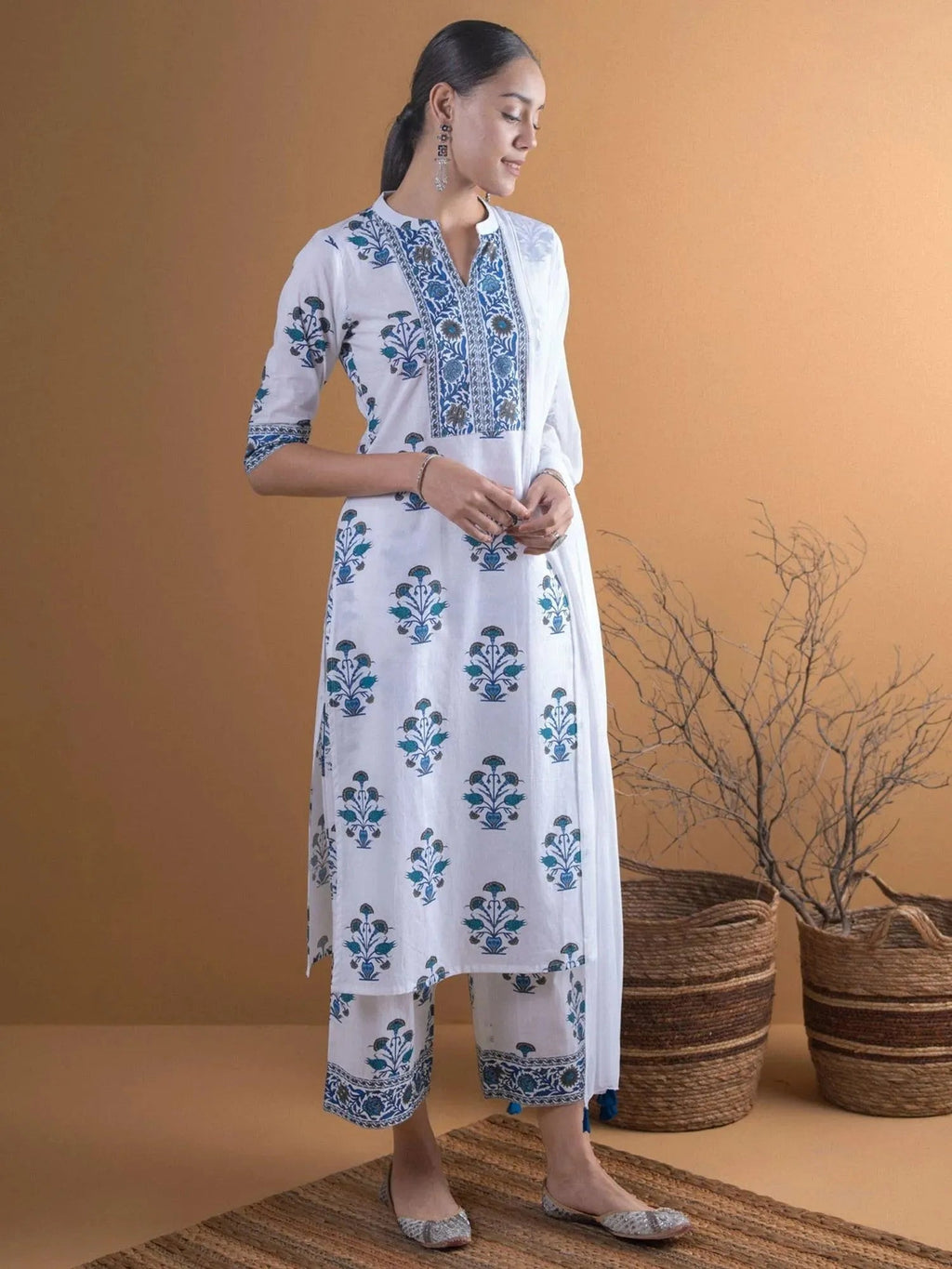 White Printed Cotton Straight Kurta With Palazzos & Dupatta