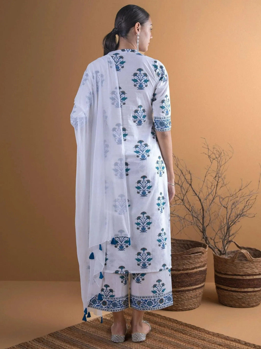 White Printed Cotton Straight Kurta With Palazzos & Dupatta