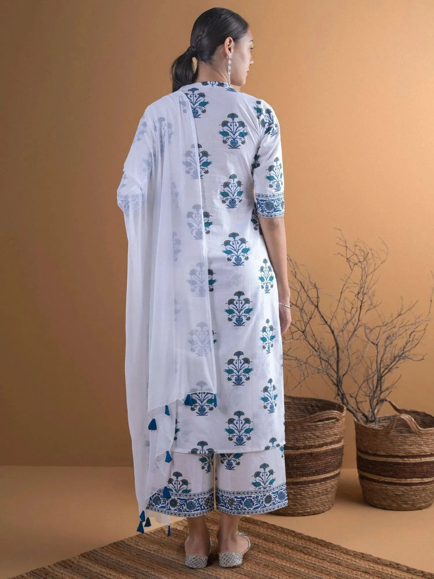 White Printed Cotton Straight Kurta With Palazzos & Dupatta
