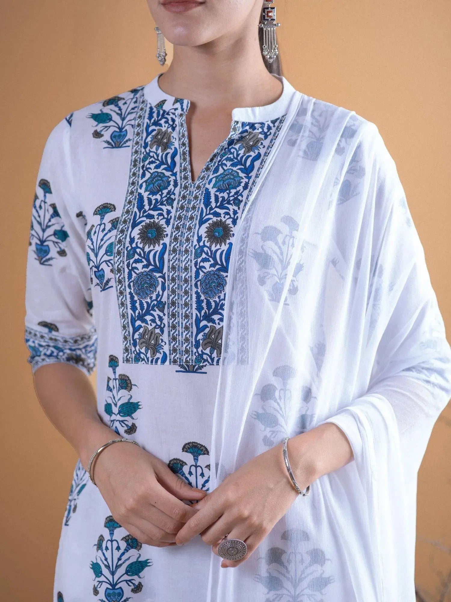 White Printed Cotton Straight Kurta With Palazzos & Dupatta