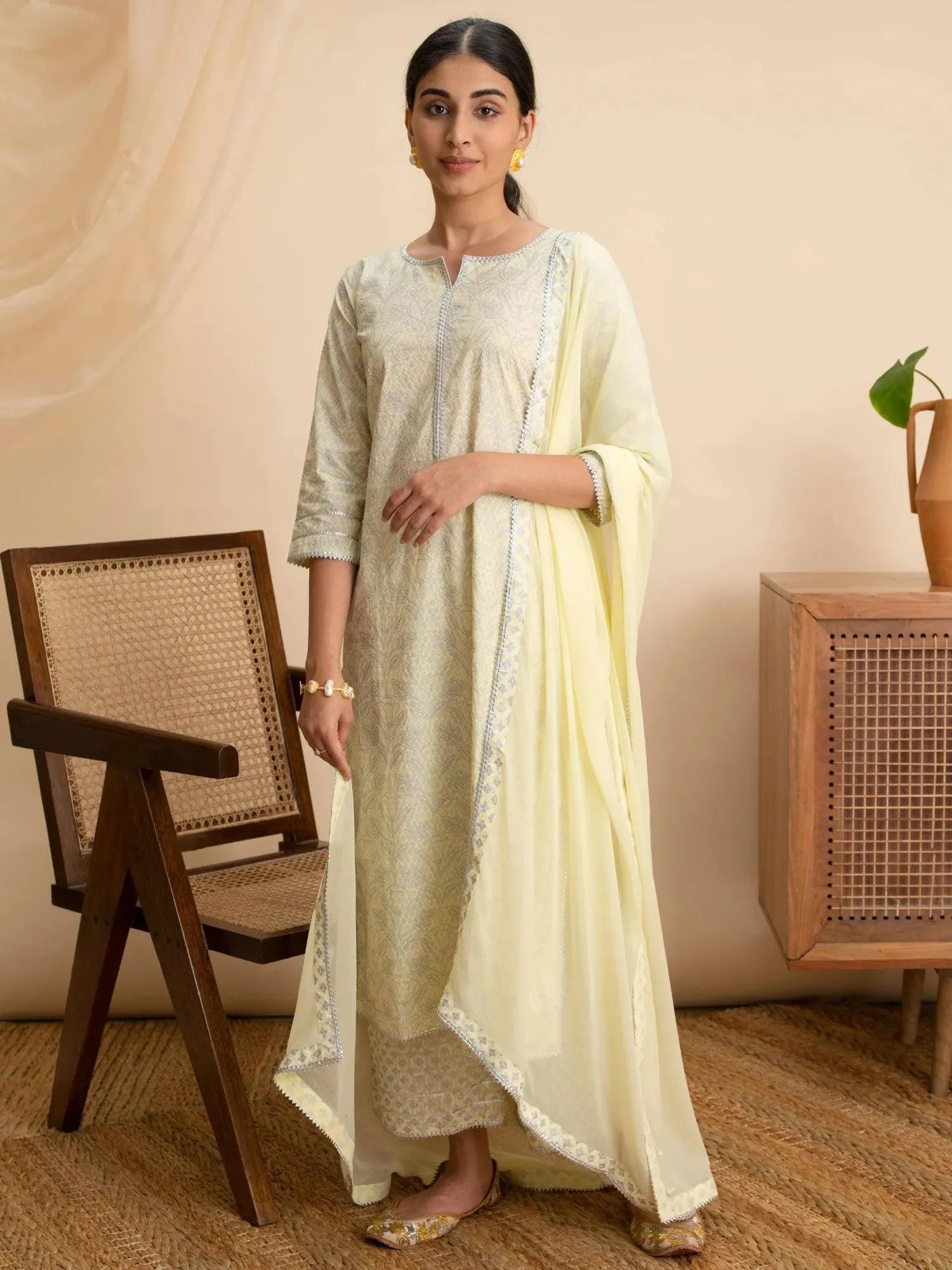 Yellow Printed Cotton Straight Kurta With Palazzos & Dupatta