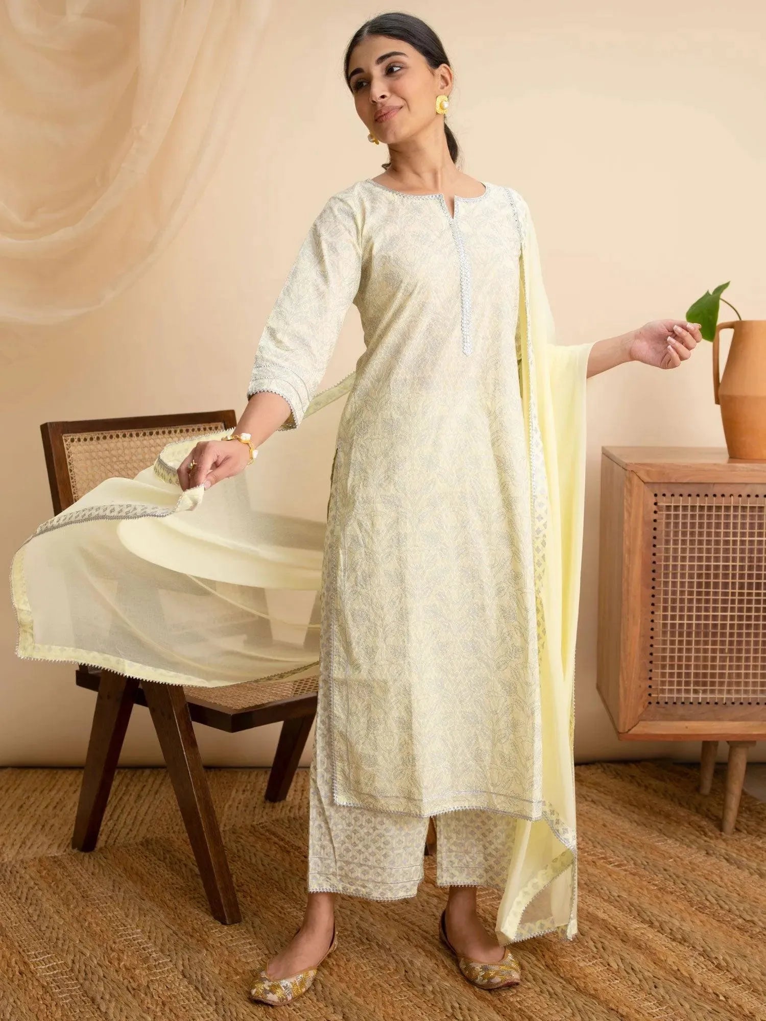 Yellow Printed Cotton Straight Kurta With Palazzos & Dupatta