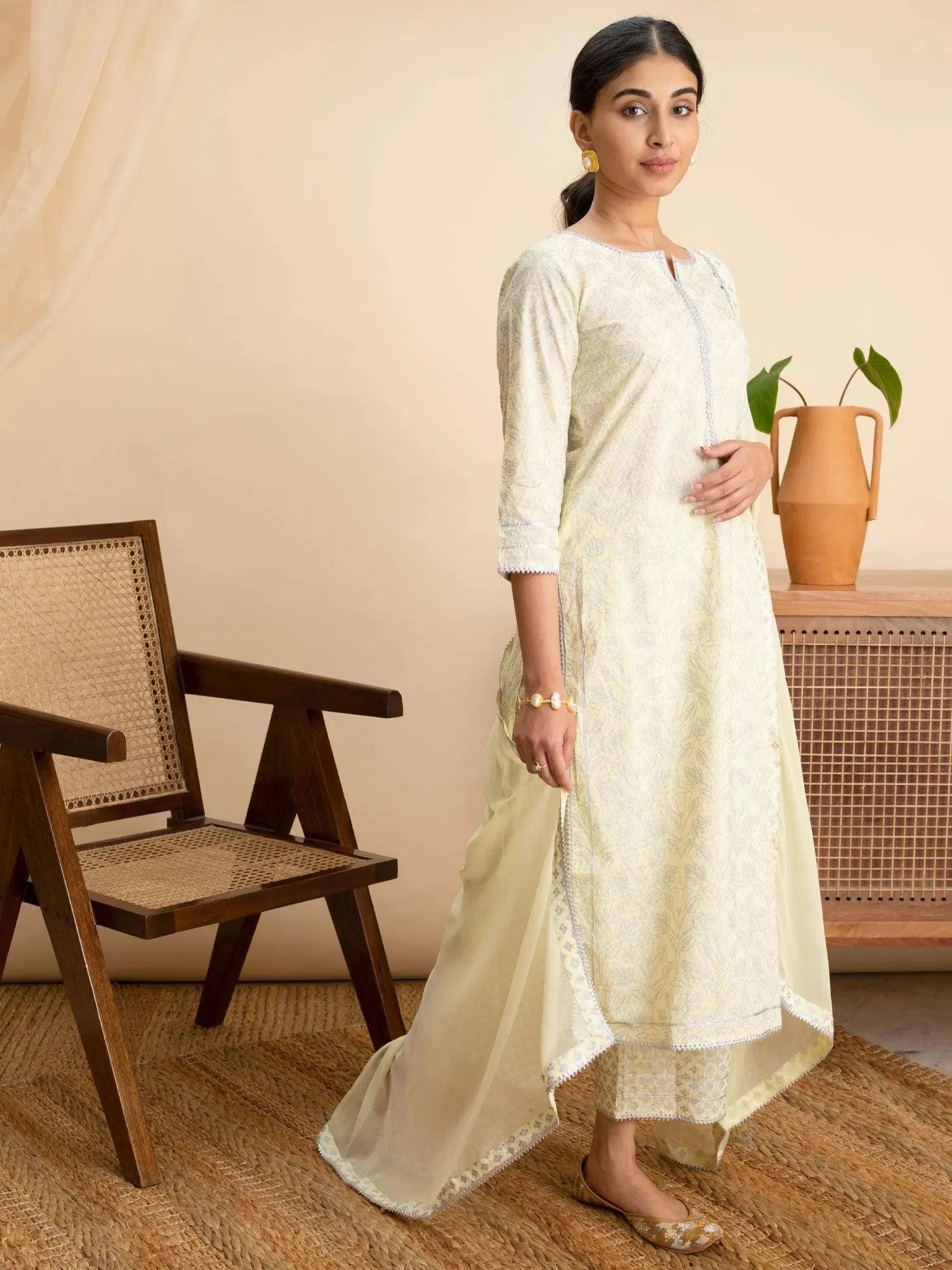 Yellow Printed Cotton Straight Kurta With Palazzos & Dupatta