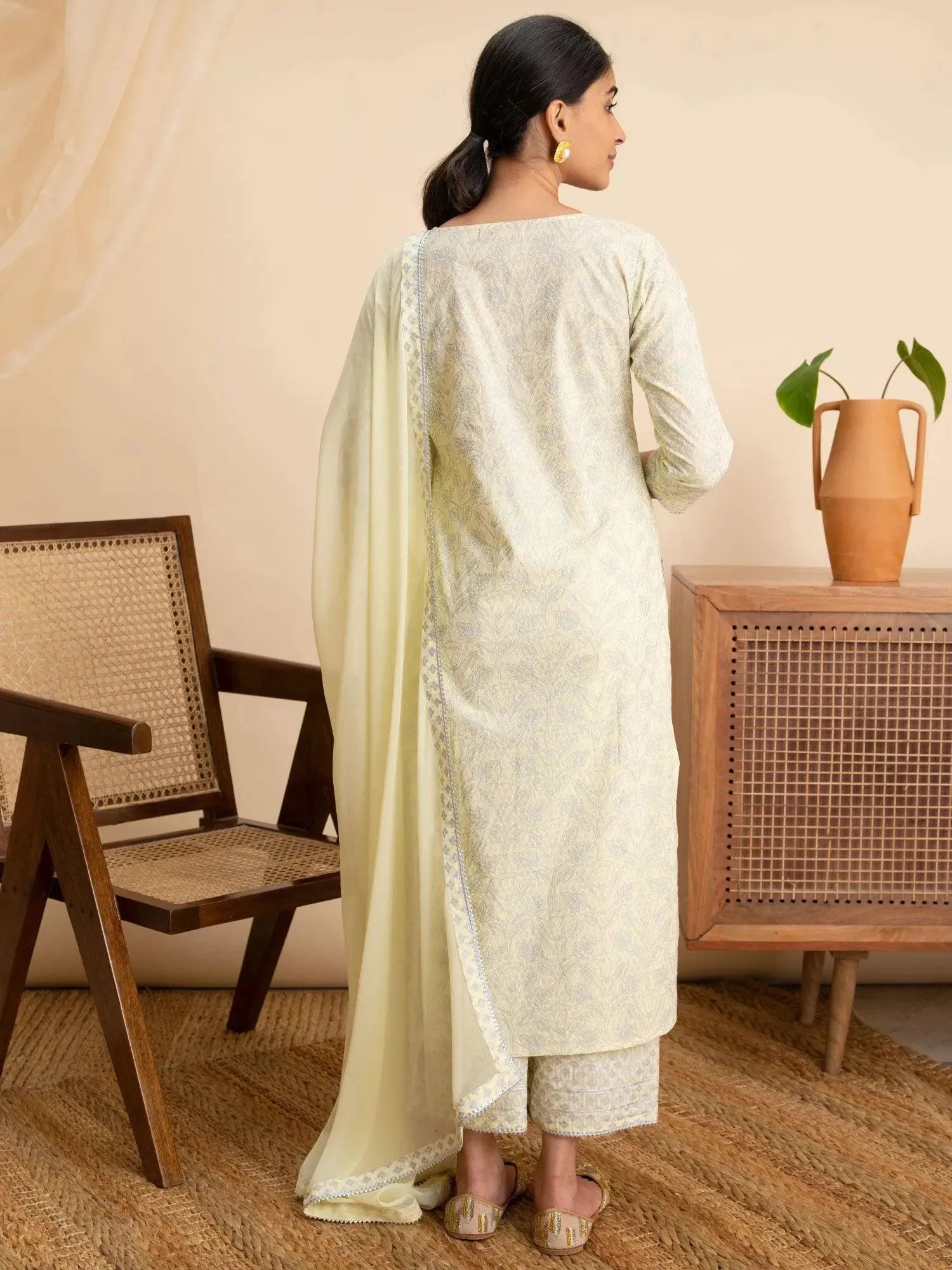 Yellow Printed Cotton Straight Kurta With Palazzos & Dupatta